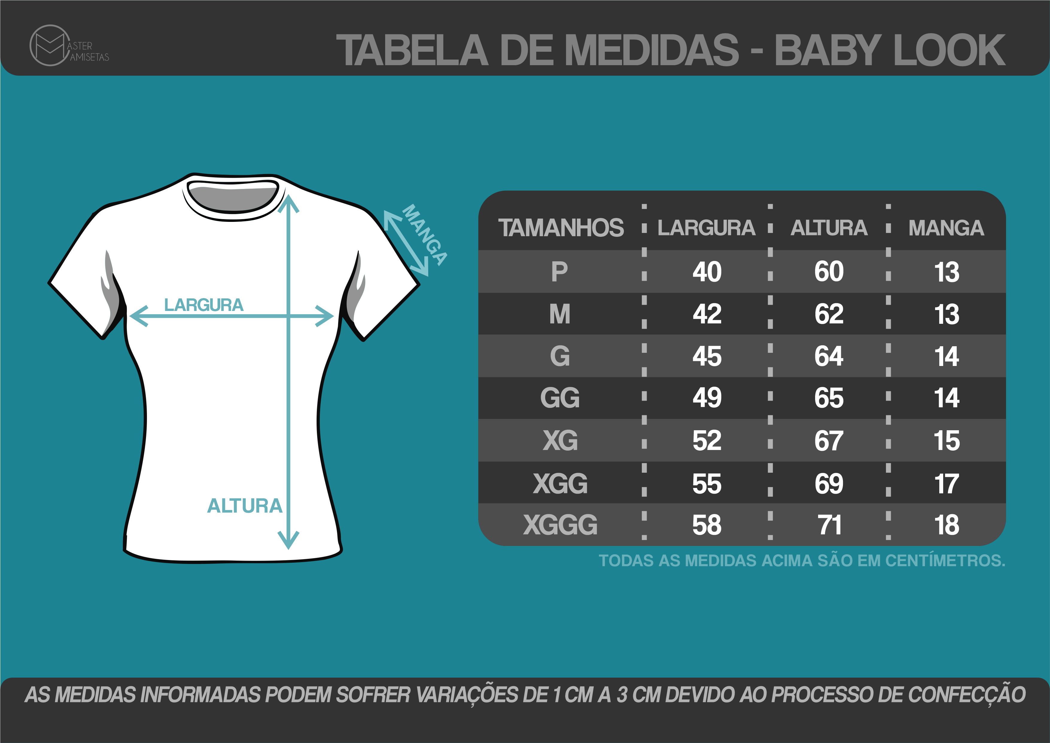 Tabela de medidas — Baby Look Preto, 100% Poliéster