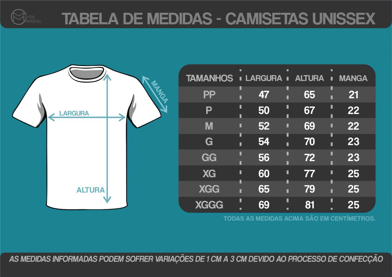 Tabela de medidas — Camiseta Branca, 100% Poliéster